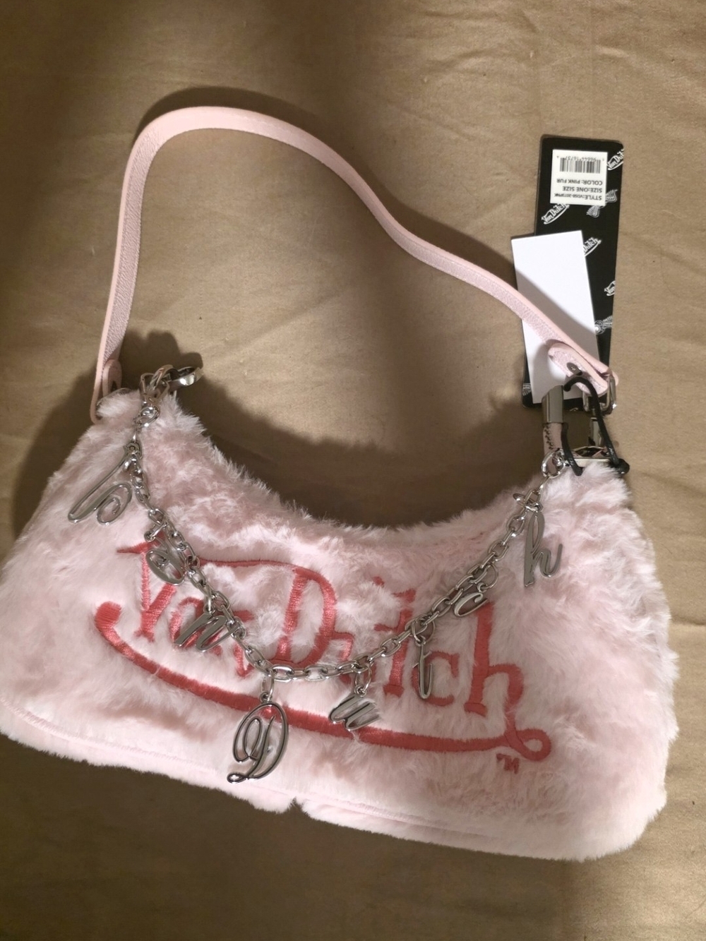 Juicy Couture Pink Faux Fur Shoulder Bag with Silver Charm Chain